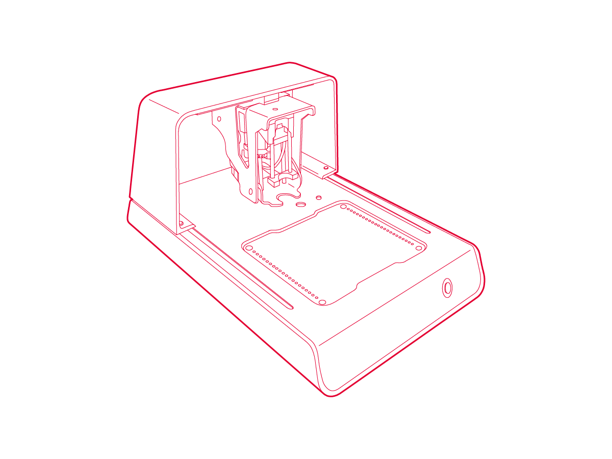 Isometric line drawing of Voltera's V1 circuitboard printer.