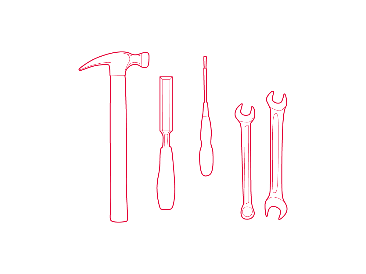 Line drawing of a hammer, chisel, screwdriver and wrench.