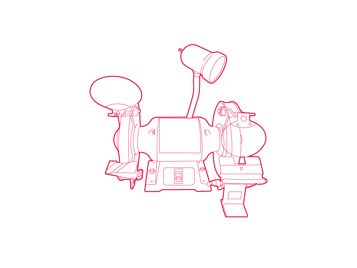 Isometric line drawing of a grinder station, inclusive of lamp, and magnifying glass.
