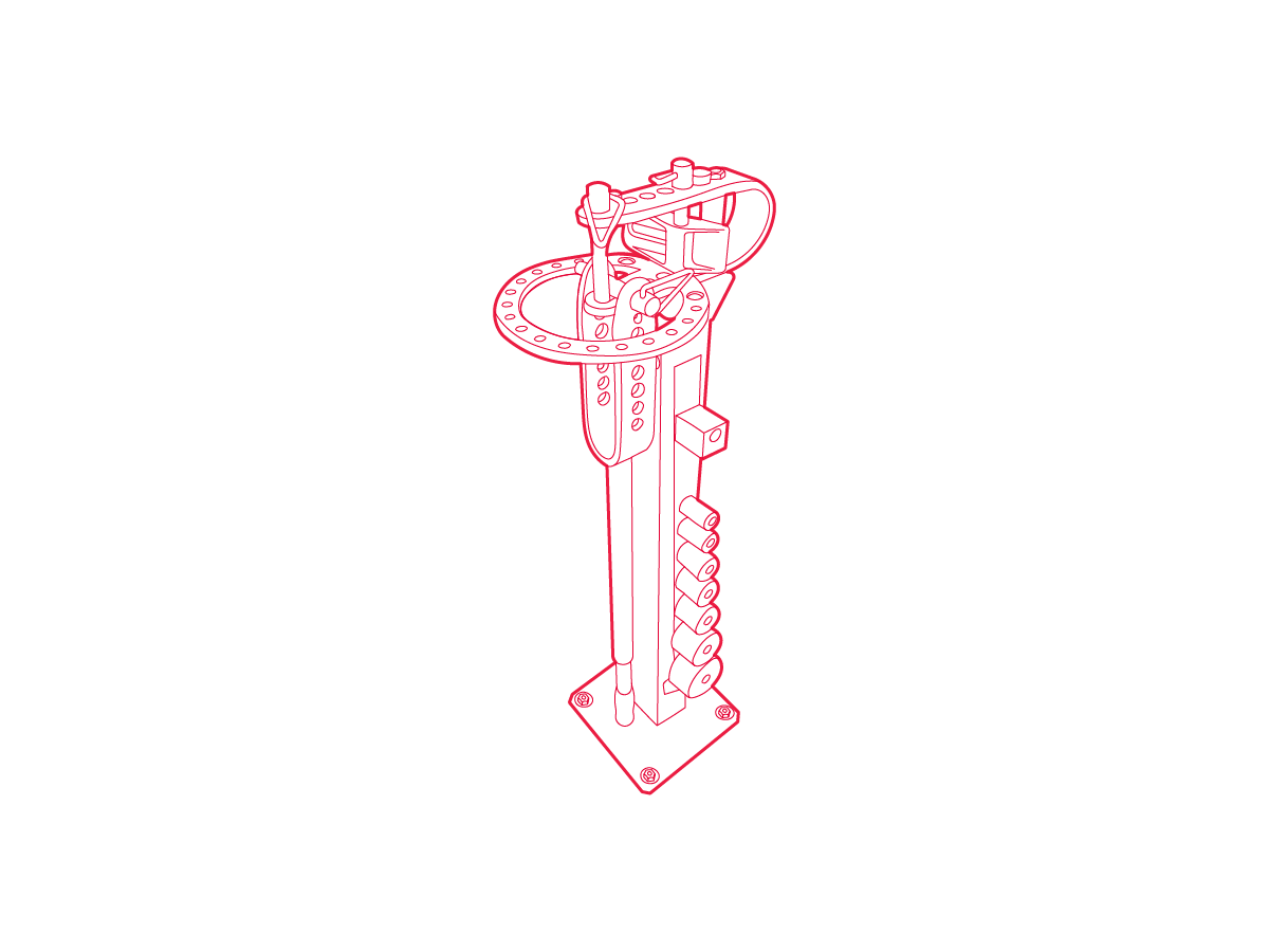 Isometric line drawing of a tube bender.