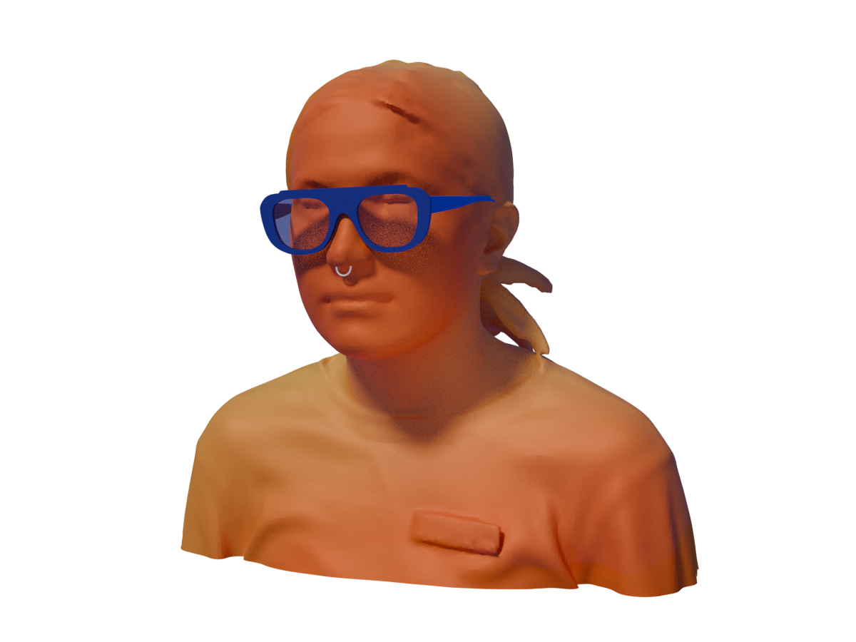 Orange coloured 3D scan of Mika espinal wearing bold purple glasses