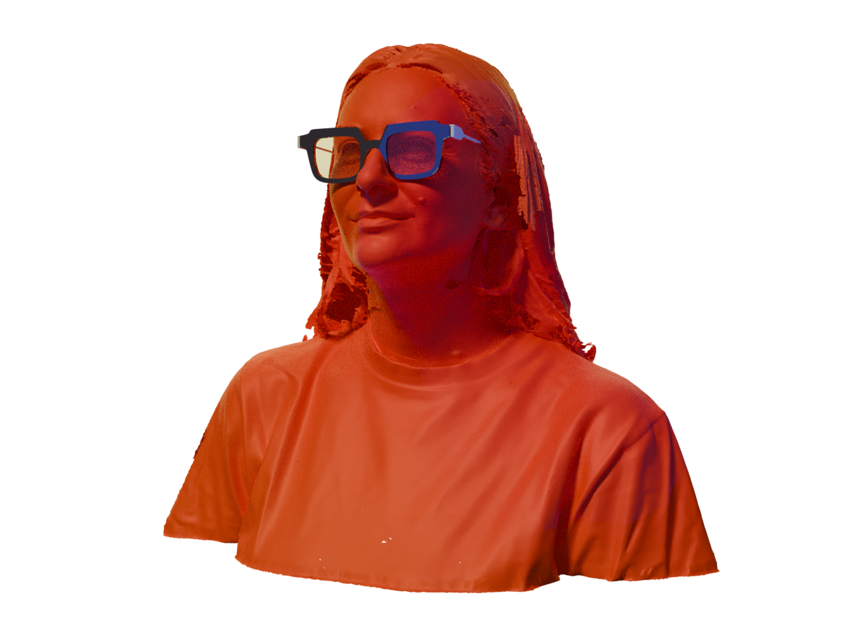 Orange coloured 3D scan of Jonathon Anderson wearing bold black glasses