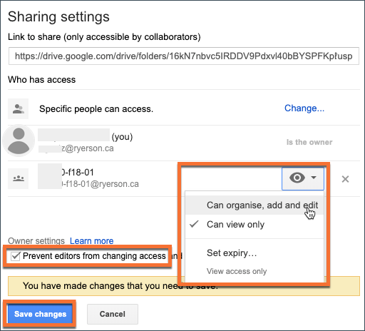 Sharing settings for a collaborative activity in Google Drive