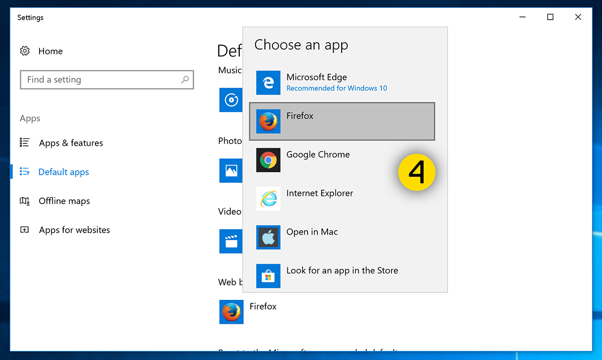Screenshot of 'Choose an app' menu within default browser settings.
