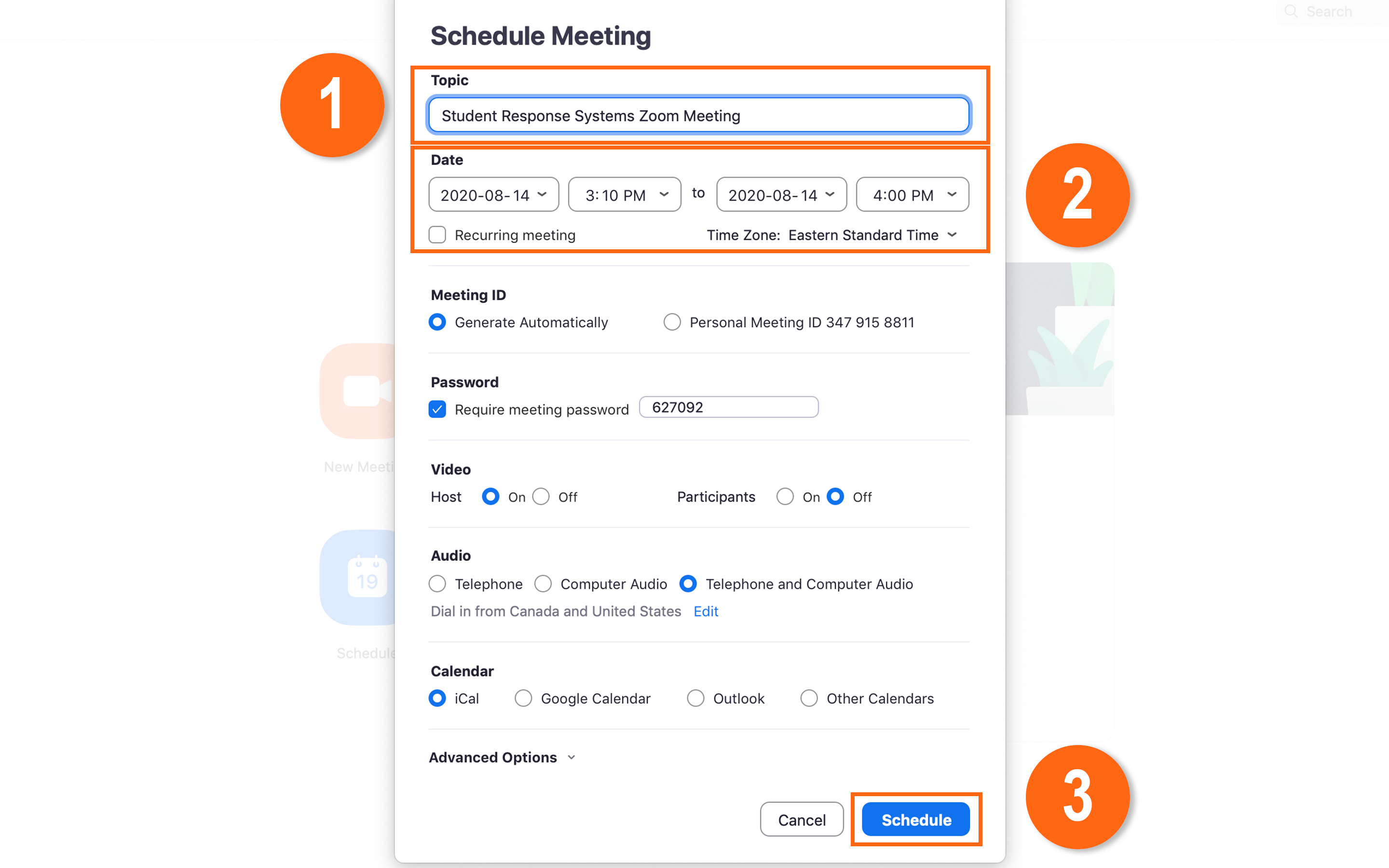 Setting up your scheduled meeting in the Zoom application 