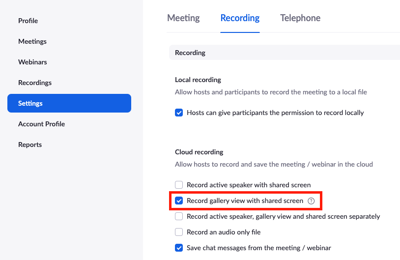 Screenshot of Zoom's Recording settings, highlighting: Record gallery view with shared screen option.