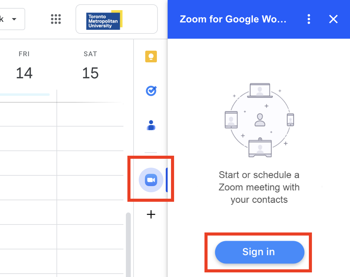 Navigate to the Side Panel. Use the down arrow key to traverse the tab panel, and select Zoom for Google Workspace.