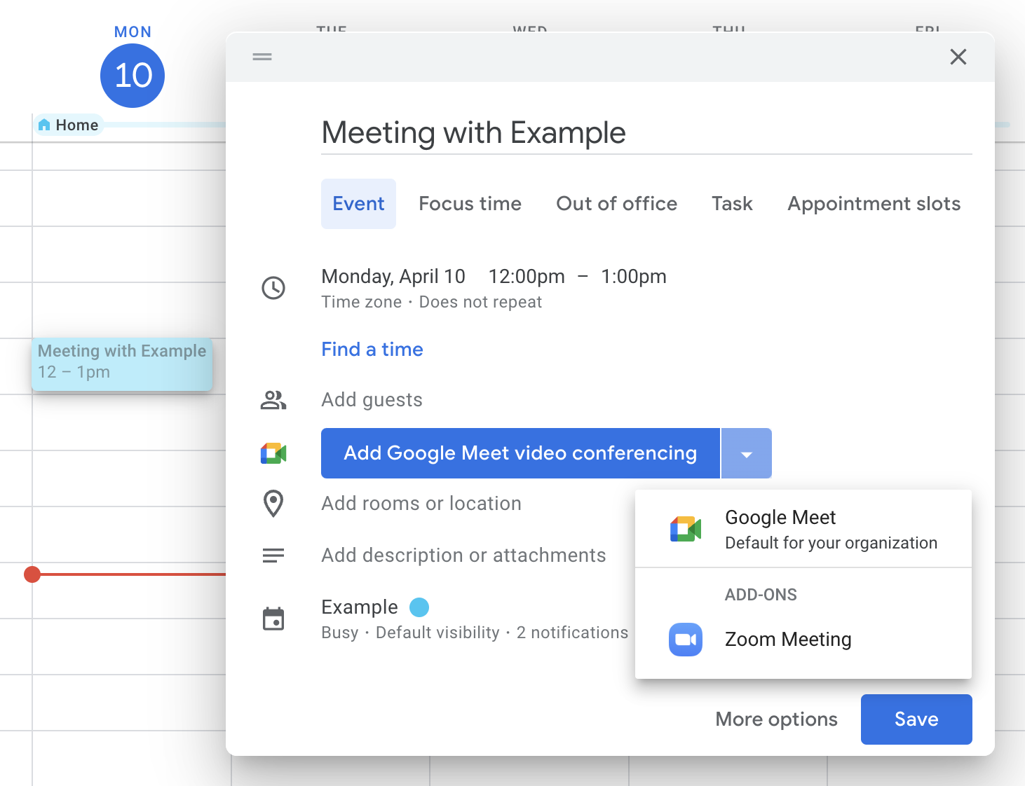 Navigate to the Add Video Conferencing pop-up button. Activate the button and select Zoom Meeting.