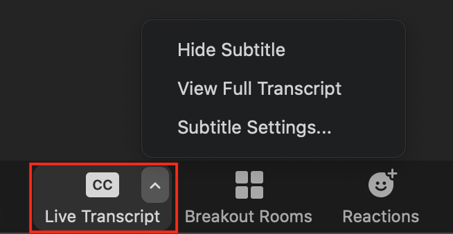 Screenshot of Live Transcript settings where participants can show or hide subtitles, view full transcript, or access subtitle settings.
