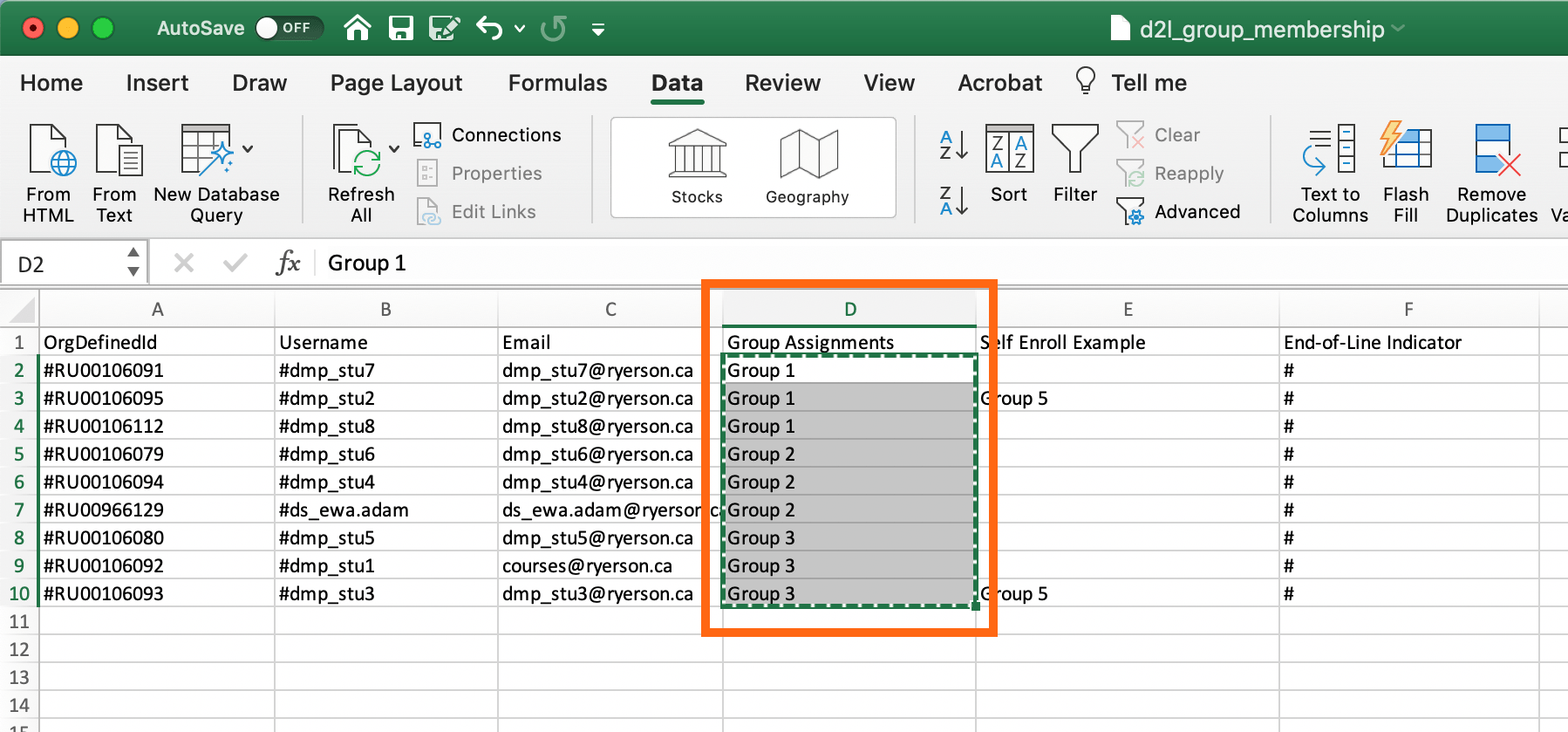 Copying group assignments in D2L Spreadsheet