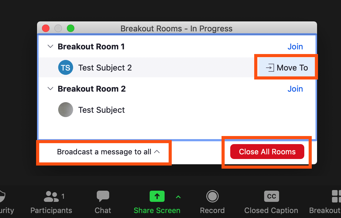 The move to, exchange, broadcast message and close all rooms function in the breakout rooms