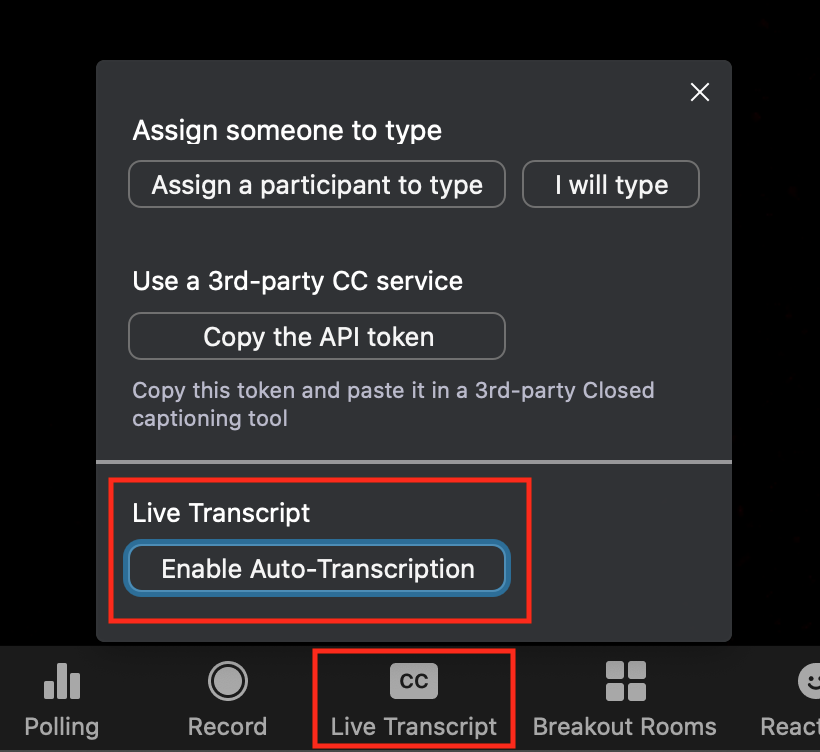 Screenshot of Live Transcript button within Zoom.