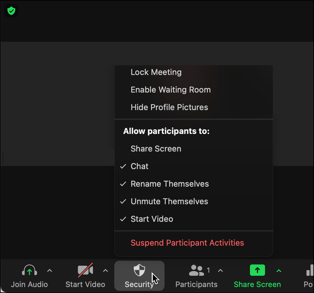 Zoom's Security button in the toolbar features option to lock meeting, enable waiting room, and participant settings.