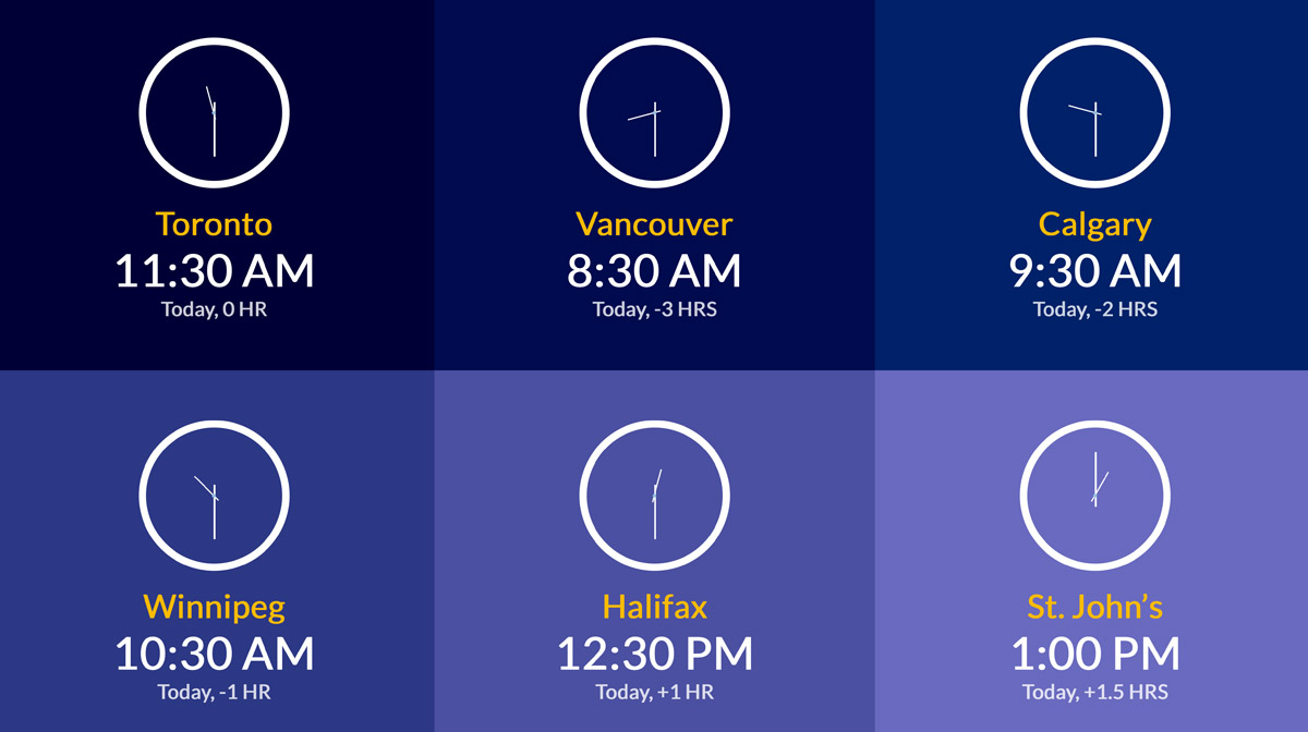 6 clocks showing canadian city times