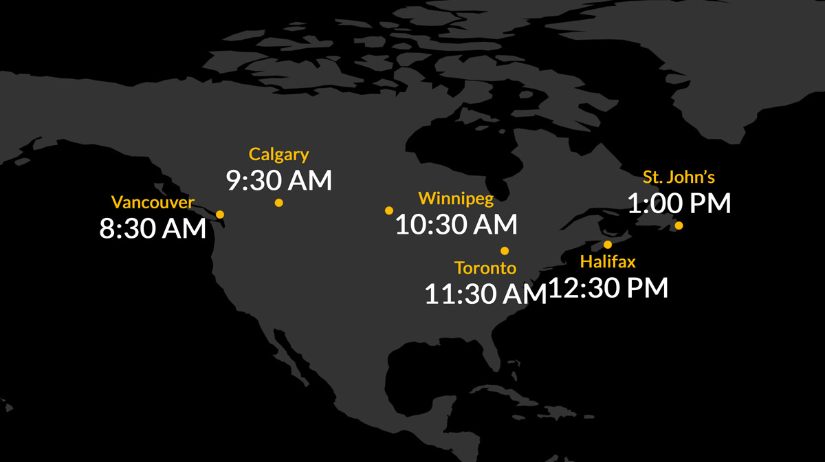 canadian cities time clocks on canada map