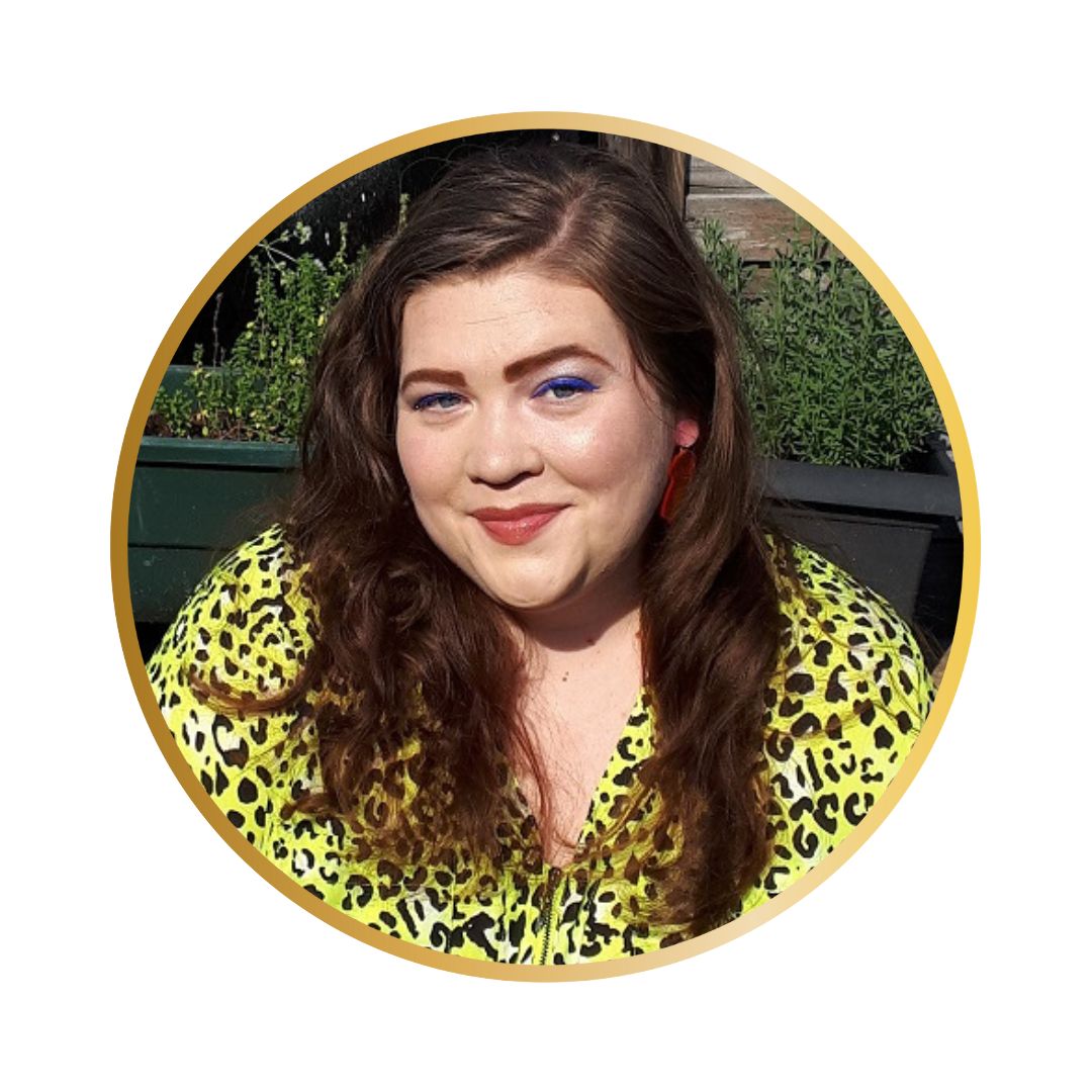 A photo of a fat white woman with long brown hair and a neon yellow leopard print top