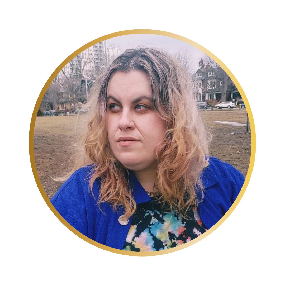 A photo of a white fat non-binary person with long bleached blonde hair