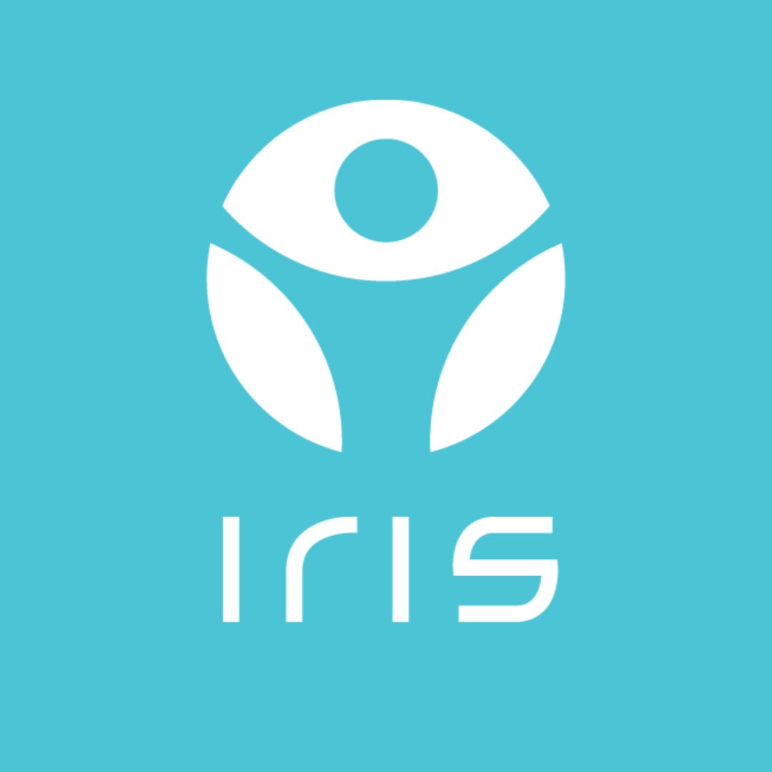 A light blue square with a white circle with a person raising their arms cut out from it. Underneath is text that reads, IRIS.