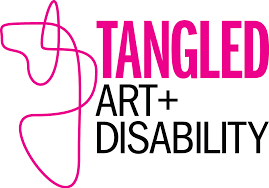 Logo with text in pink that reads, Tangled, and text in black underneath that reads,  Art + Disability. There is a pink looping line to the left.