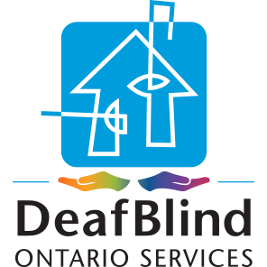 The logo for DeafBlind Ontario Services, a blue square with a white line of a house and eyes inside. Two hands underneath with rainbow colours.