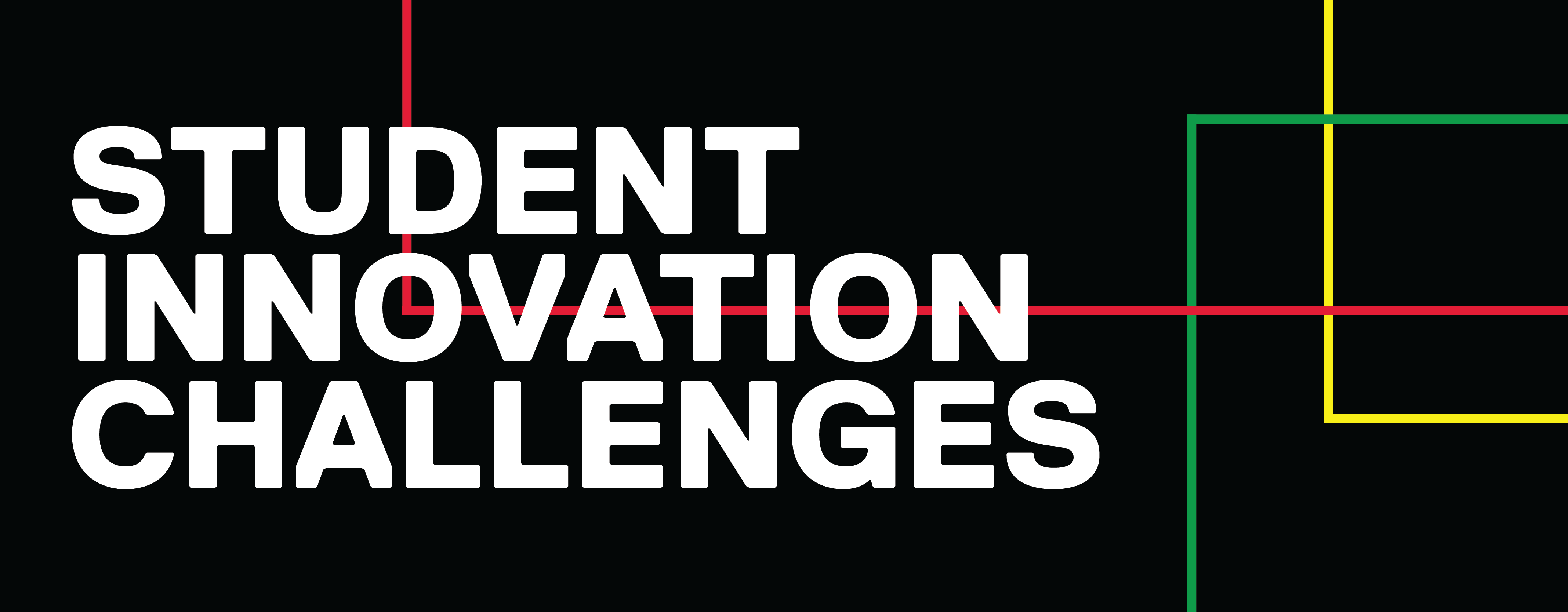 This reads "Student Innovation Challenges" in white text overtop a solid black background. There are intersecting lines used to decorate the banner. These lines are red, green, and yellow.