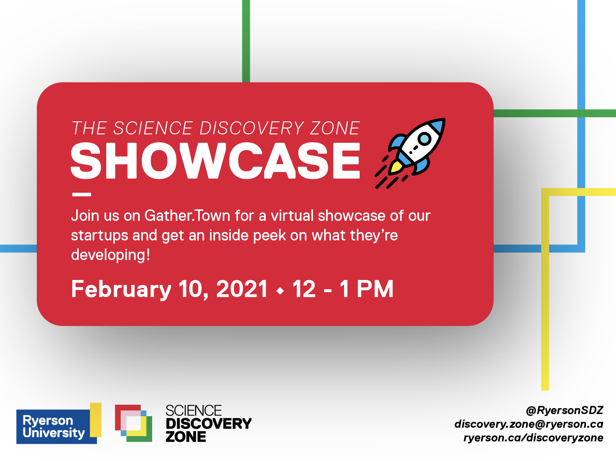 This has open red curtains and in the middle it reads, "The Science Discovery Zone's First Look Showcase" in black text. 
