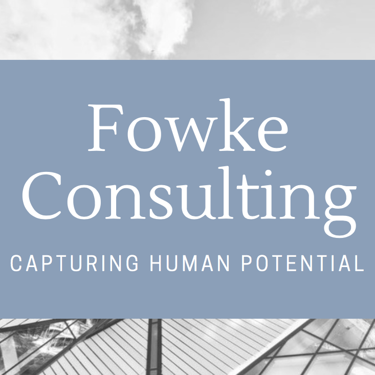 This logo for "Fowke Consulting" reads the company name in white text overtop and pale blue square. The tag line below the company name reads "Inspiring Human Potential".