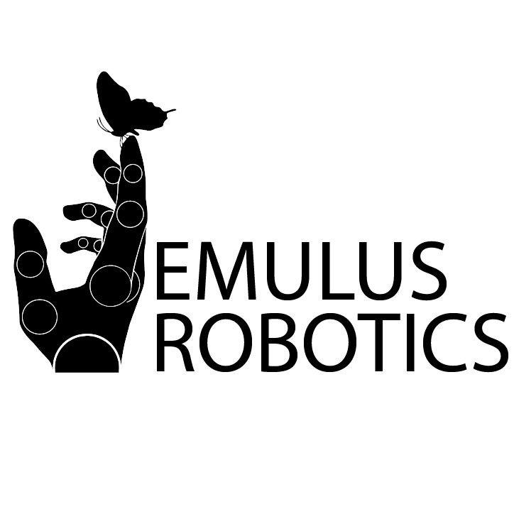 This logo for "Emulus Robotics" has the company name in black text to the right of the icon. The icon is a hand with a bird resting on the pointer finger.
