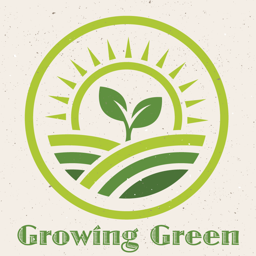 This logo for "Growing Green" reads the company name in green underneath the icon. The icon features a budding leaf on a hill in front of a sun.