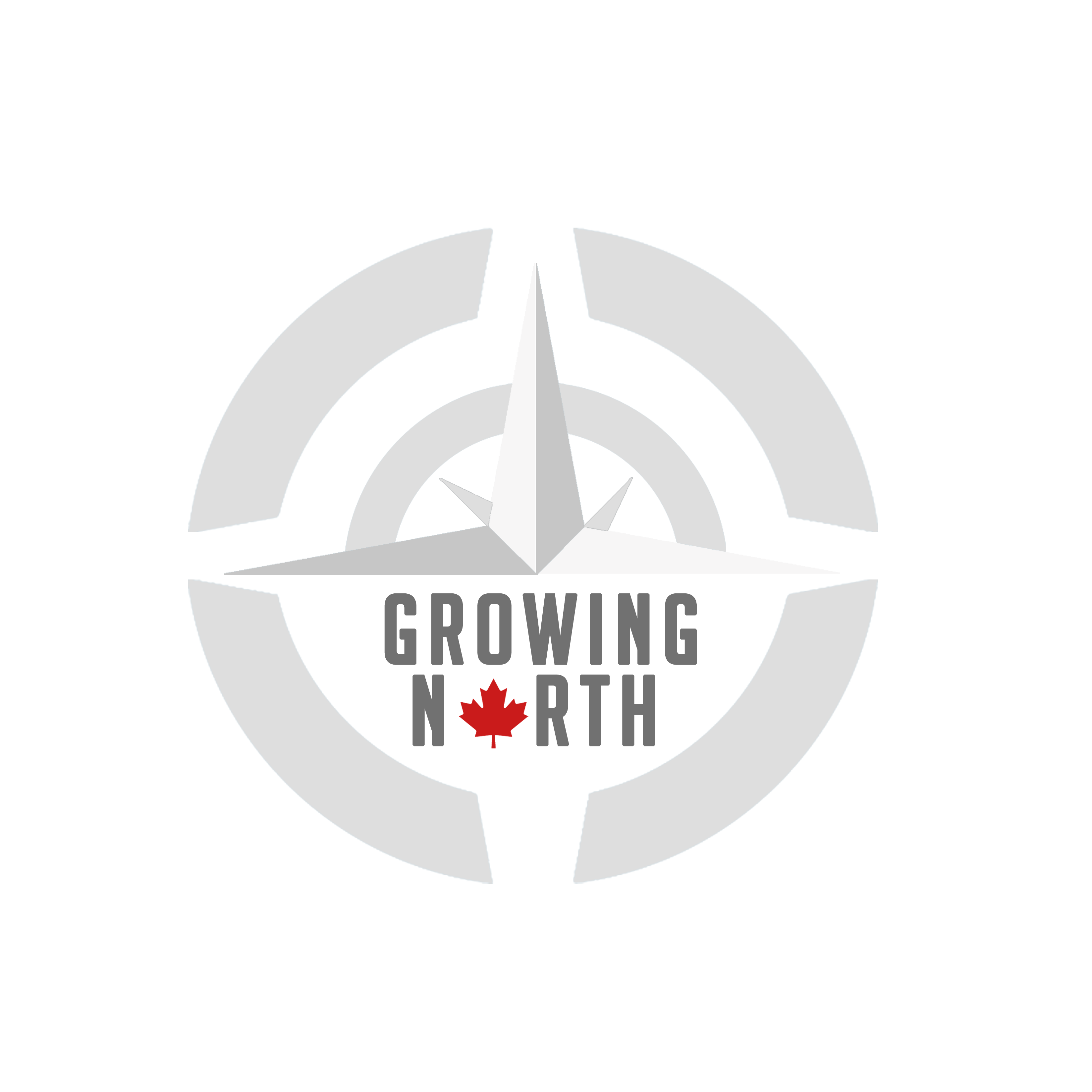 This logo for "Growing Norht" has the company name in dark grey within 2 rings of light grey circles. The "N" in North is replaced by a red maple leaf.