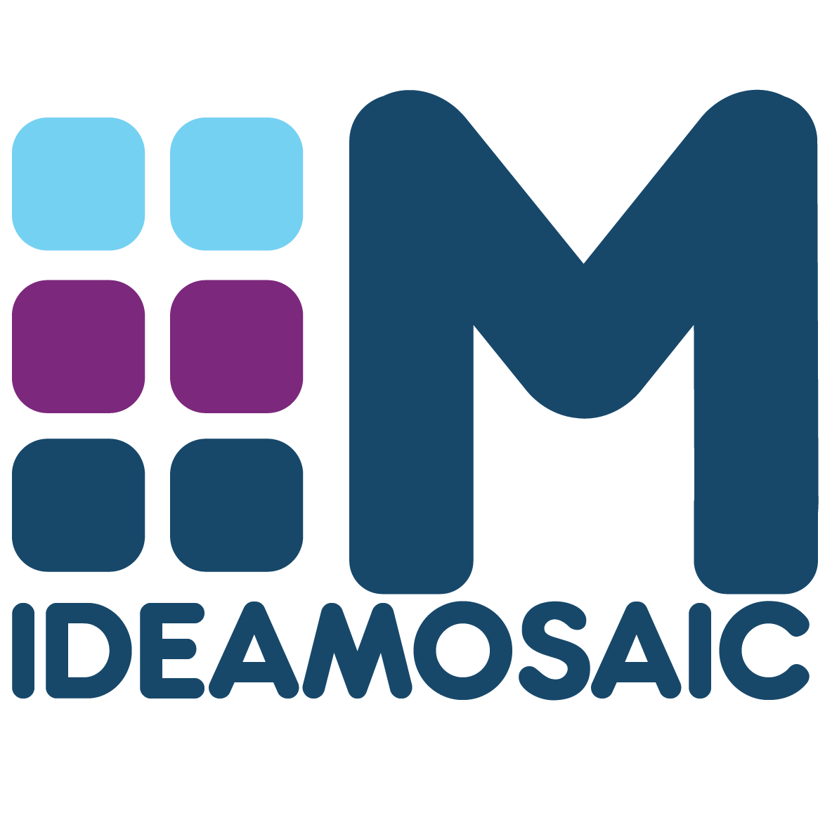 The logo for "Idea Mosaic" reads the company name beneath the logo. The logo has coloured squares in the shape of the "I" and a capital blue "M"