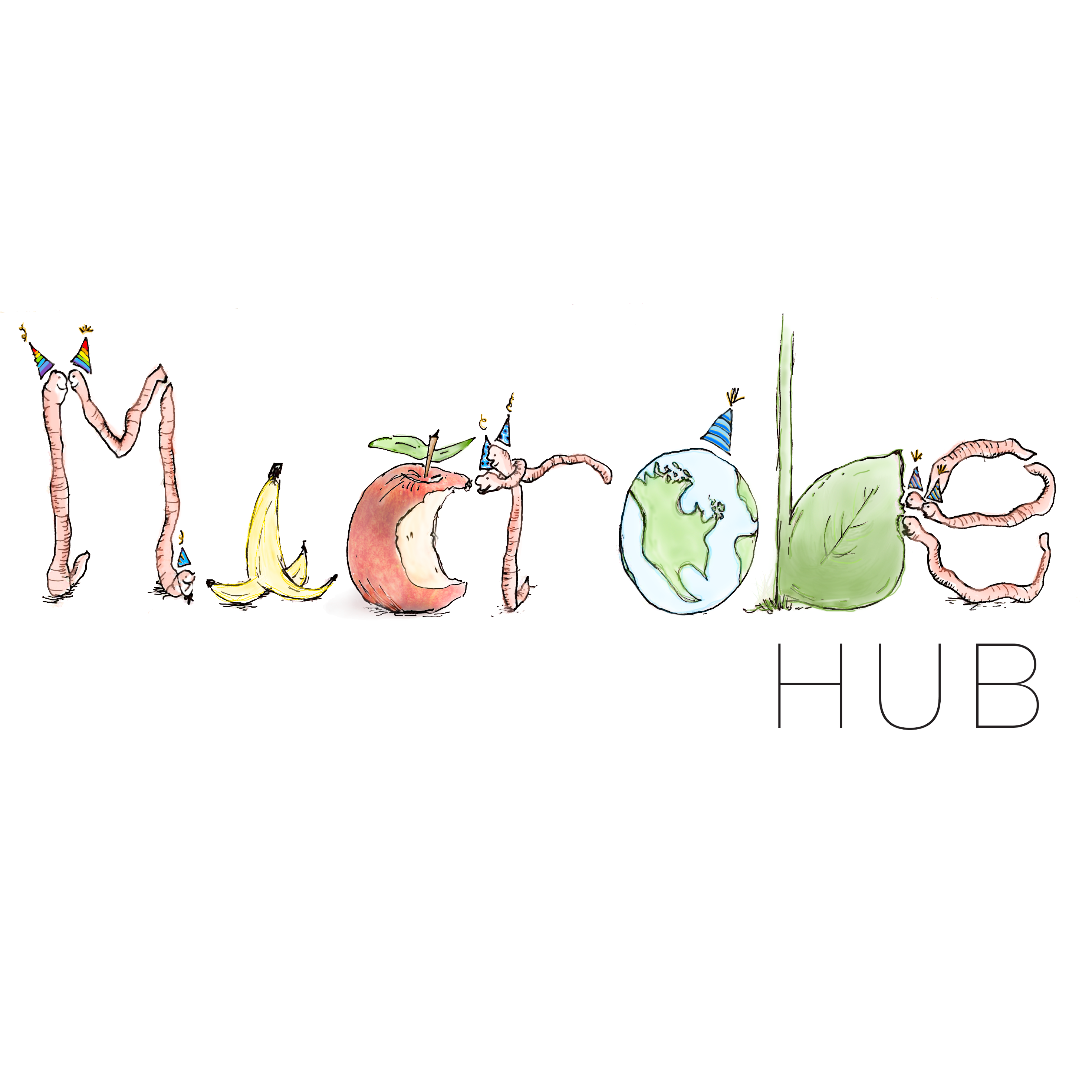 This logo for "Microbe Hub" has the company name in the centre of a white square. Each letter is replaced by an icon that represents sustainability (ex. a compoted fruit, leaf, globe, etc.)