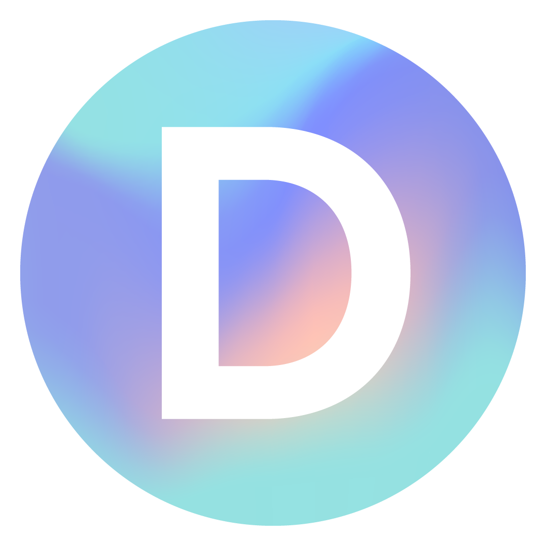 This icon for Daydream Drinks has a white D in overtop a round circle. The circle is a blurred combo of blue, purple and peach.