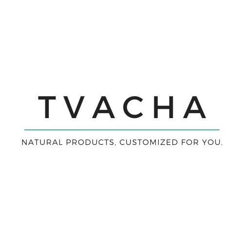 The logo for "Tvacha" has the company name in black, with a green underline. Beneath the lin there is a slogan that reads "Facial products customized for you"