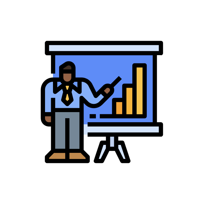 An icon with a person giving a presentation. They are standing infront of a screen that displays a bar chart.