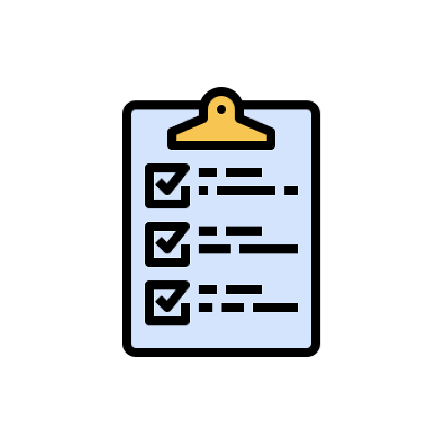 An icon of a clipboard that has checkboxes and cartoon text.