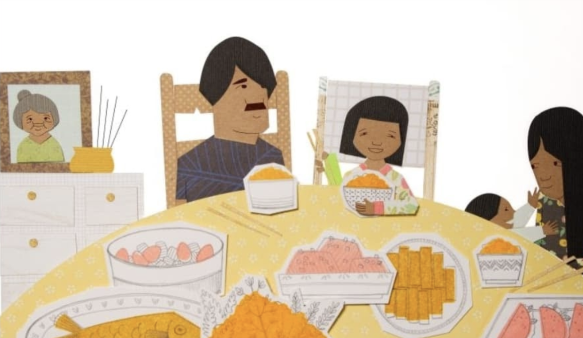 This is a clip from the motion-film that is referenced in this highlight. There is a family around a dinner table eating (a mom, dad, and two young children).