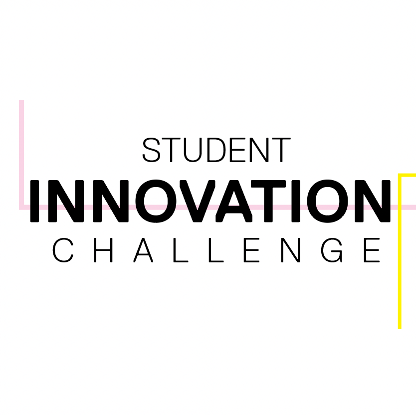 Logo with Student Innovation Challenge written and two lines in pink and yellow as design