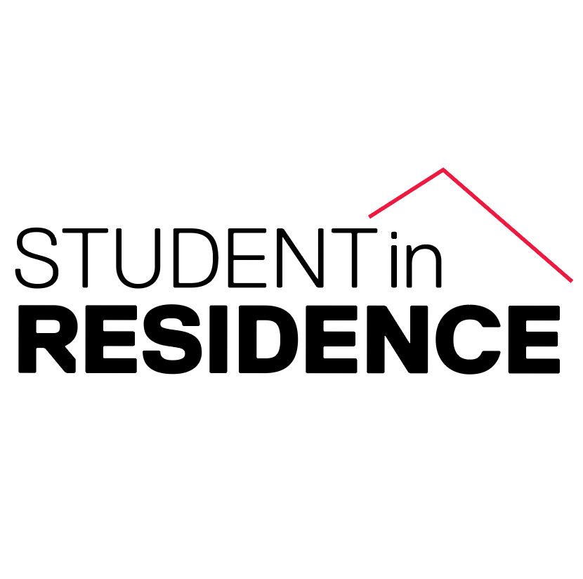 Logo that has Student In Residence in black heavy text and a house roof design on top in red colour.