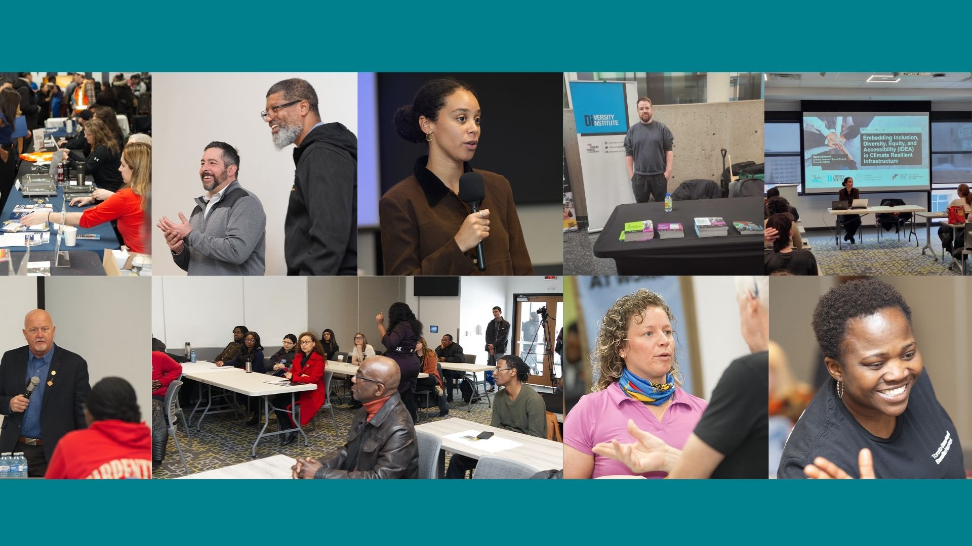 A collage of photos displays speakers, audiences and presentations at an engaging event. 