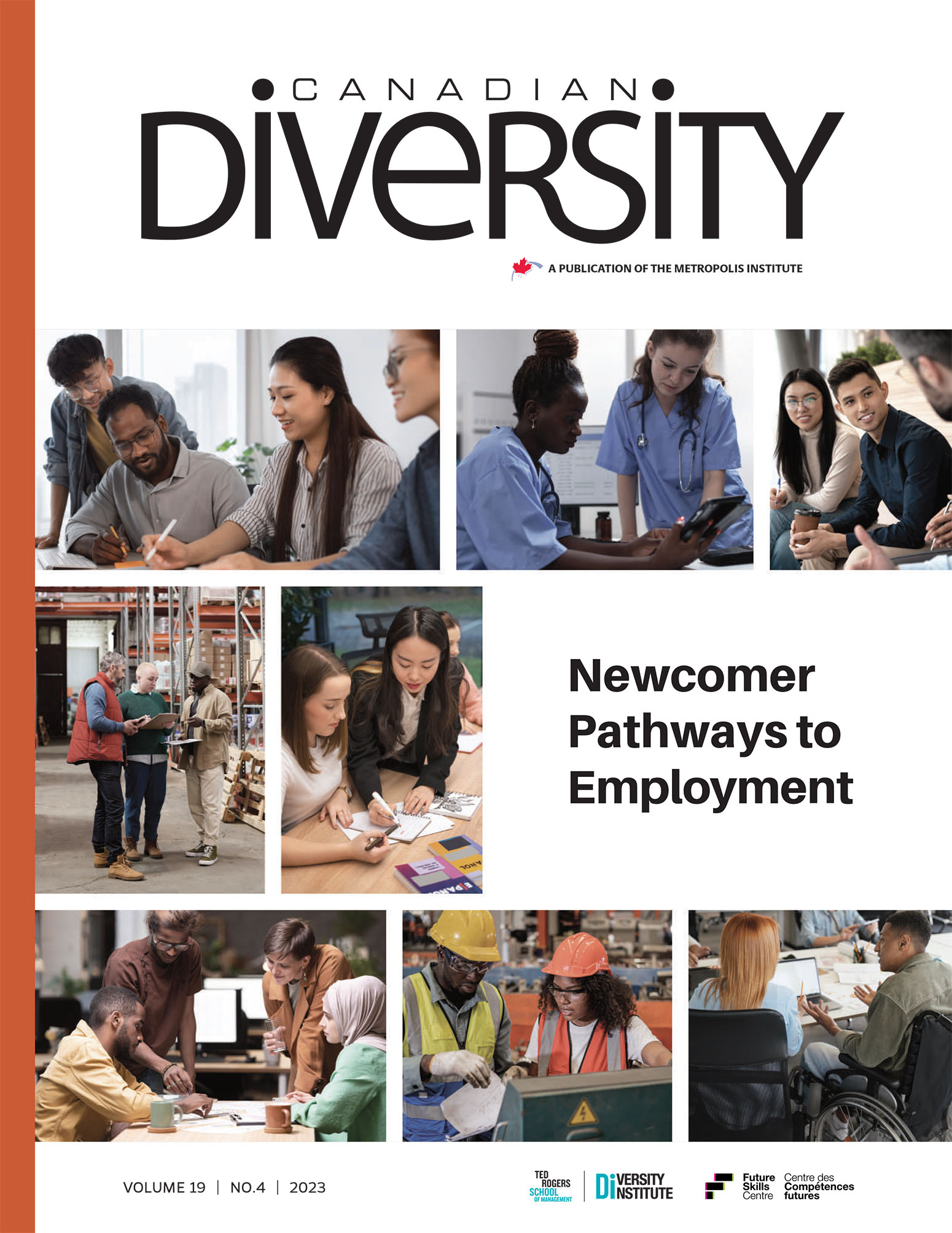 Canadian Diversity magazine cover shows a collage of diverse workers in different settings including a hospital, office and warehouse.