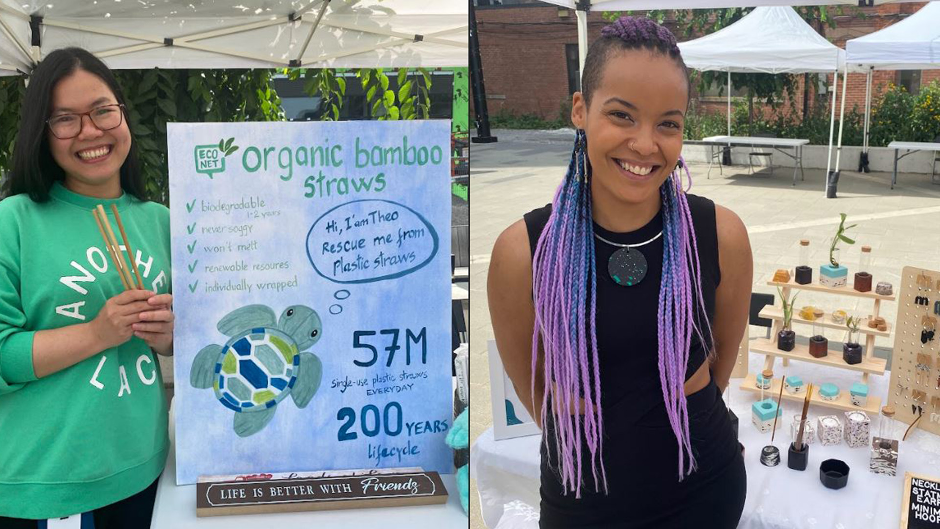 At an outdoor market, two women entrepreneurs pose next to their booths, which highlight their products — bamboo straws and a variety of handmade goods like jewellery and plant stands.