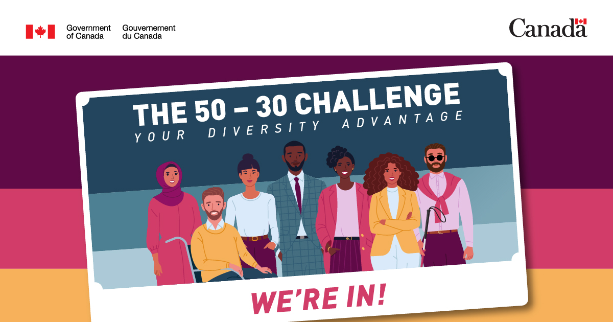 An illustration of a diverse group of individuals with text that reads, “The 50 – 30 Challenge: Your Diversity Advantage” and “We’re in!”