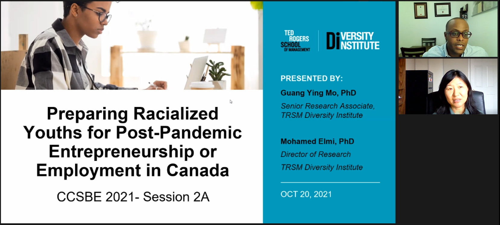 Mohamed Elmi and Guang Ying Mo next to a PowerPoint slide reading, "Preparing Racialized Youths for Post-Pandemic Entrepreneurship or Employment in Canada"