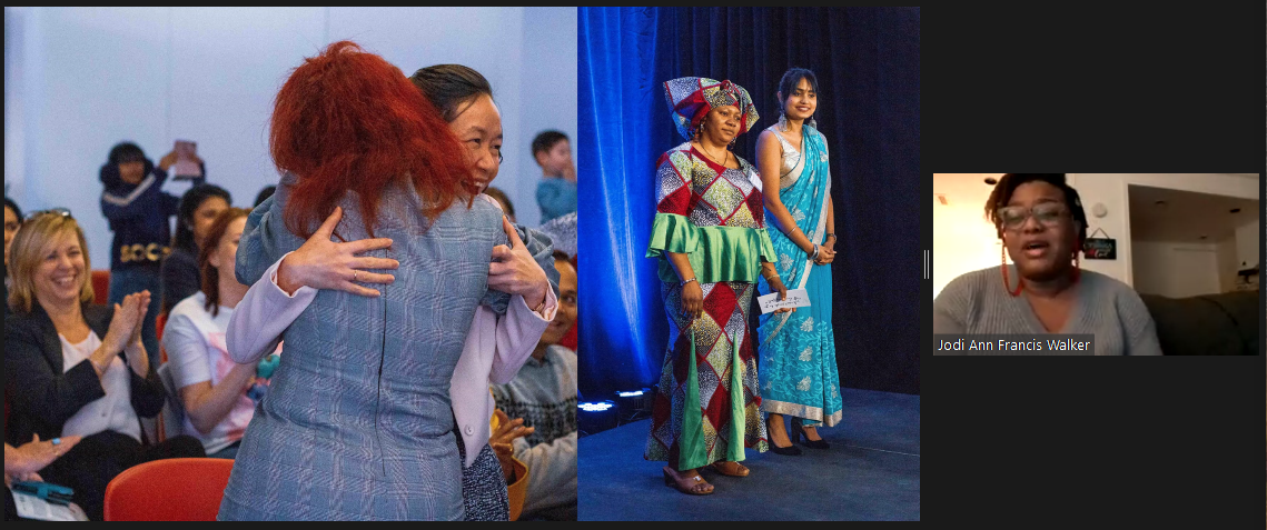 Jodi-Ann Francis-Walker presenting photos from the Nova Scotia Start-Up Challenge featuring two women hugging, and another two standing on stage.