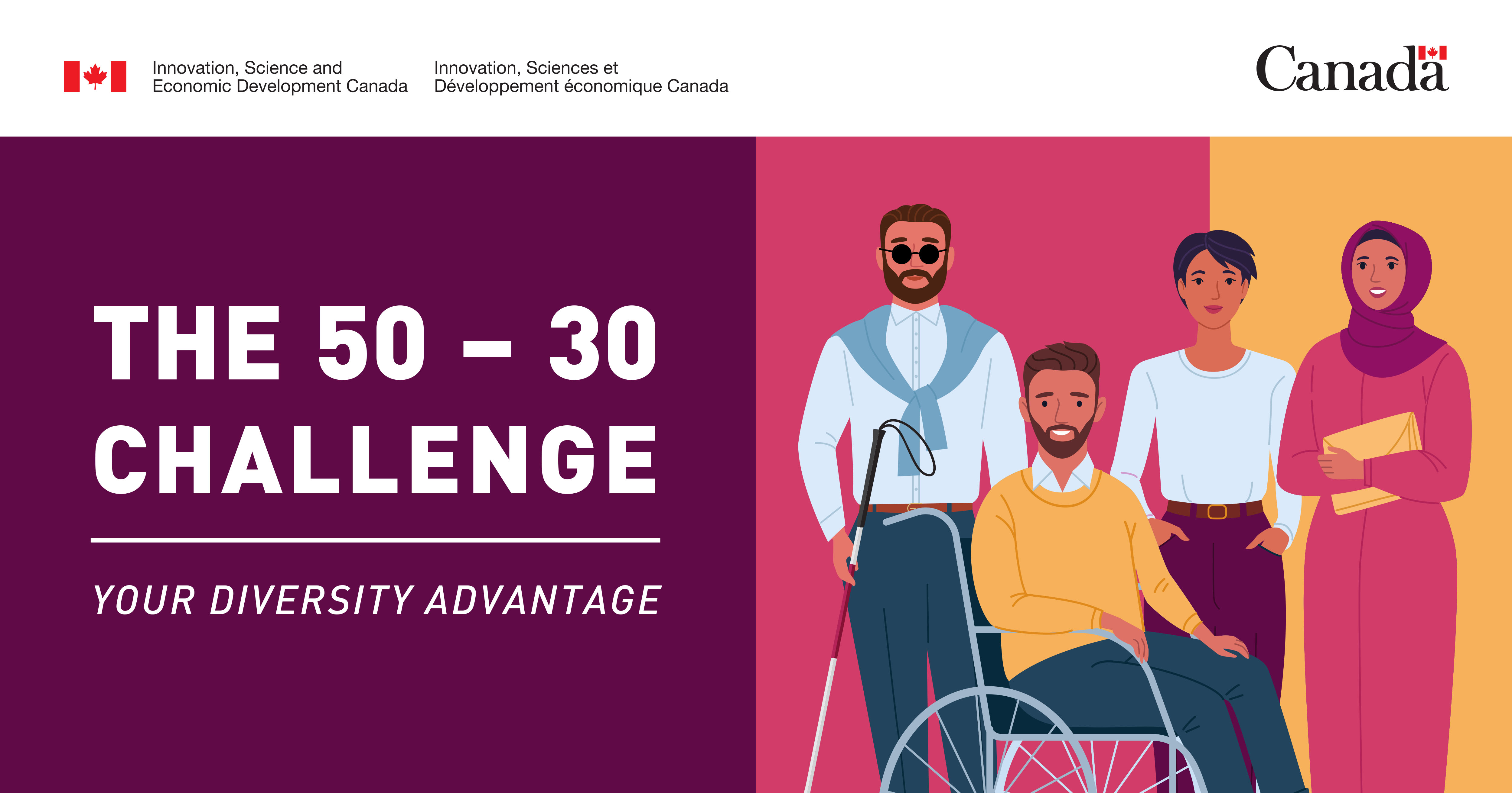 Four people are illustrated on the graphic with text that reads 'the 50-30 challenge, your diversity advantage.'