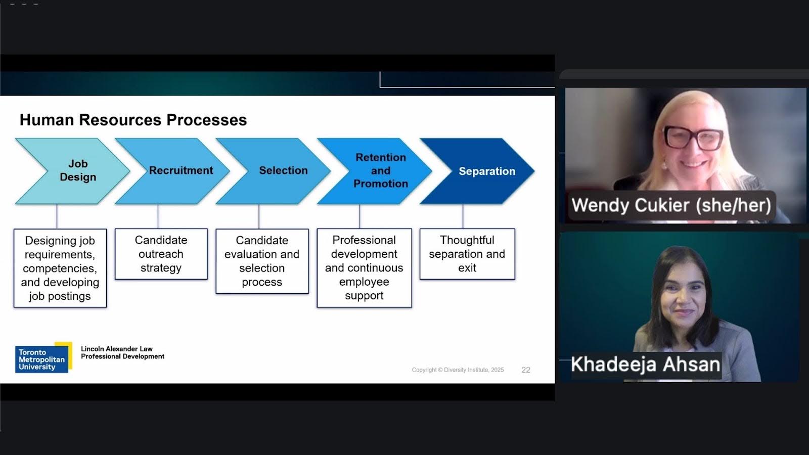 Next to a presentation screen on human resources processes, two women are smiling during a virtual webinar.