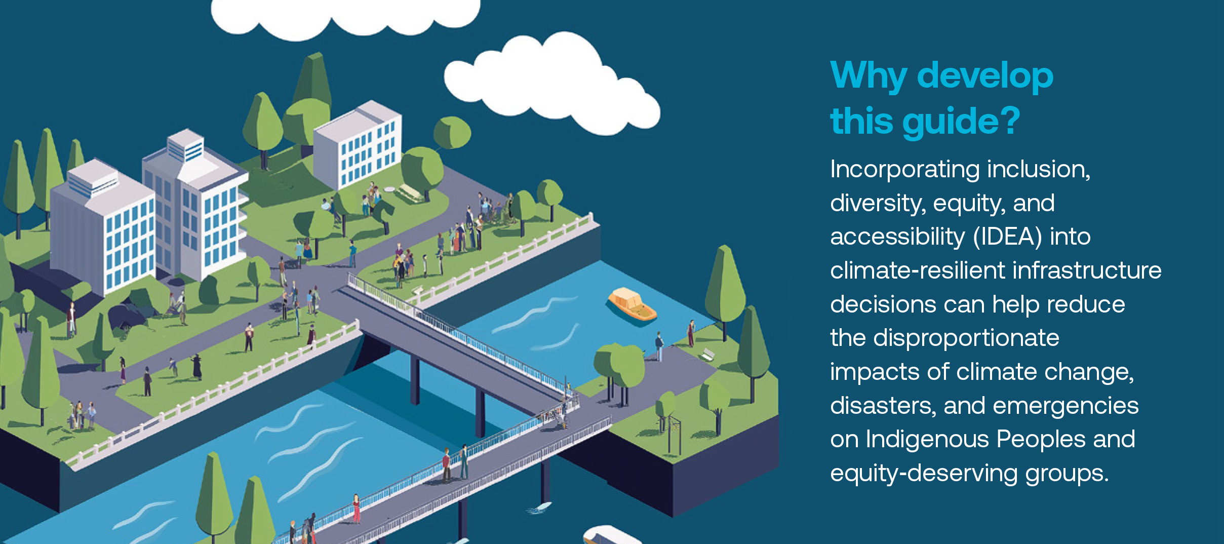 A graphic showing a city has text explaining that the guide was created to help reduce the disproportionate impacts of climate change emergencies on Indigenous Peoples and other equity-deserving groups.