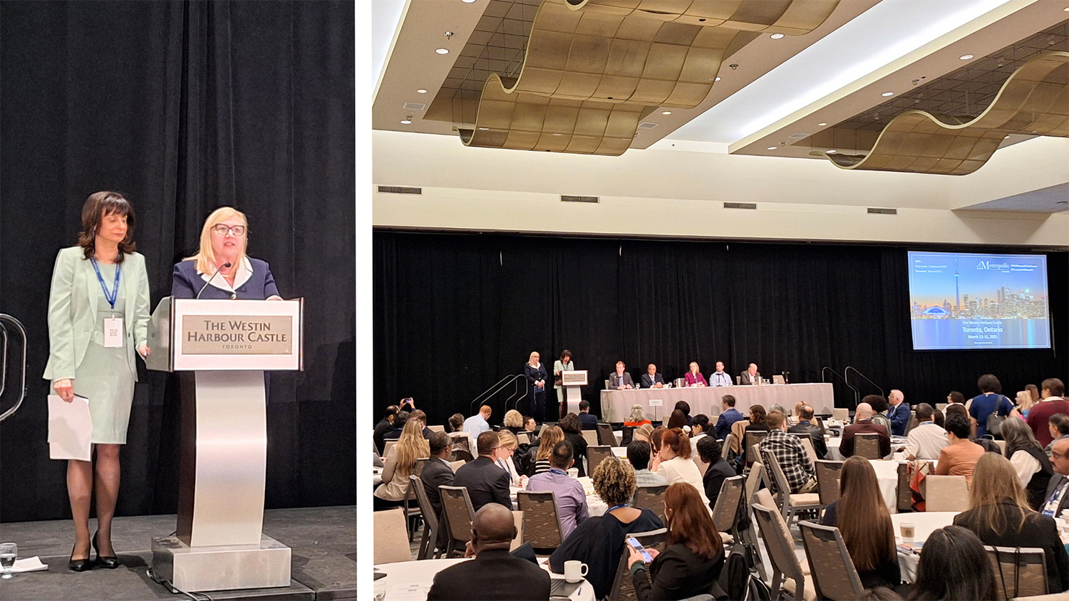 Two women speak at a podium to a large audience. 