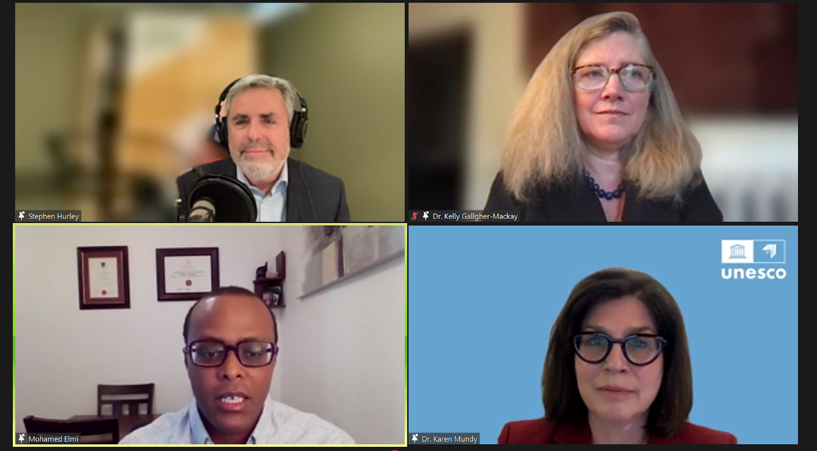 A screenshot of panelists Stephen Hurley, Kelly Gallagher-Mackay, Mohamed elmi, and Karen Mundy in a grid, with Elmi speaking